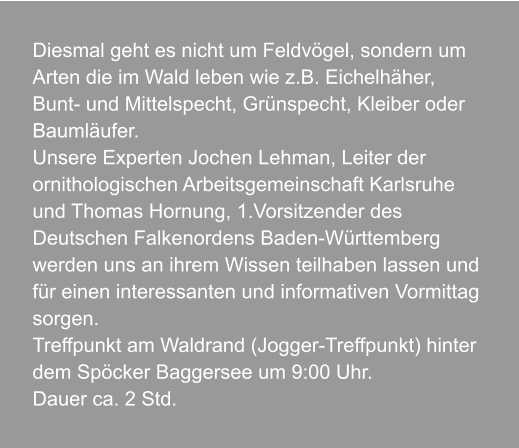 Diesmal geht es nicht um Feldvögel, sondern um Arten die im Wald leben wie z.B. Eichelhäher, Bunt- und Mittelspecht, Grünspecht, Kleiber oder Baumläufer. Unsere Experten Jochen Lehman, Leiter der ornithologischen Arbeitsgemeinschaft Karlsruhe und Thomas Hornung, 1.Vorsitzender des  Deutschen Falkenordens Baden-Württemberg werden uns an ihrem Wissen teilhaben lassen und für einen interessanten und informativen Vormittag sorgen. Treffpunkt am Waldrand (Jogger-Treffpunkt) hinter dem Spöcker Baggersee um 9:00 Uhr. Dauer ca. 2 Std.