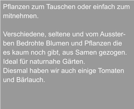 Pflanzen zum Tauschen oder einfach zum  mitnehmen.  Verschiedene, seltene und vom Ausster- ben Bedrohte Blumen und Pflanzen die  es kaum noch gibt, aus Samen gezogen.  Ideal für naturnahe Gärten. Diesmal haben wir auch einige Tomaten  und Bärlauch.