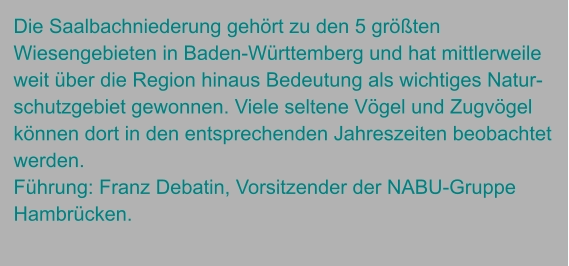 Die Saalbachniederung gehört zu den 5 größten Wiesengebieten in Baden-Württemberg und hat mittlerweile weit über die Region hinaus Bedeutung als wichtiges Natur- schutzgebiet gewonnen. Viele seltene Vögel und Zugvögel können dort in den entsprechenden Jahreszeiten beobachtet werden. Führung: Franz Debatin, Vorsitzender der NABU-Gruppe Hambrücken.